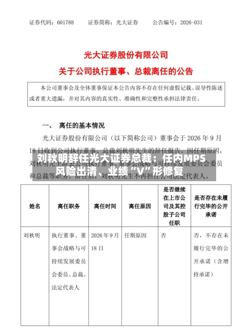 刘秋明辞任光大证券总裁：任内MPS风险出清	、业绩“V”形修复-第2张图片