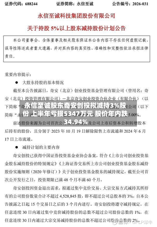 永信至诚股东奇安创投拟减持3%股份 上半年亏损5347万元 股价年内跌34.94%-第1张图片