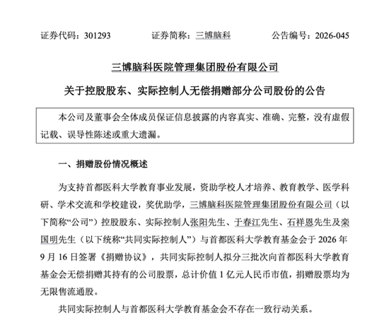 301293，控股股东、实际控制人拟无偿捐赠1亿元股份